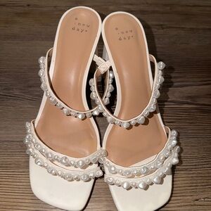 a new day Cream Pearl-Embellished Double-Strap Slide Mules